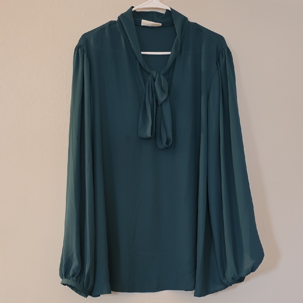 Janette Plus Teal Blouse with Elegant Bow